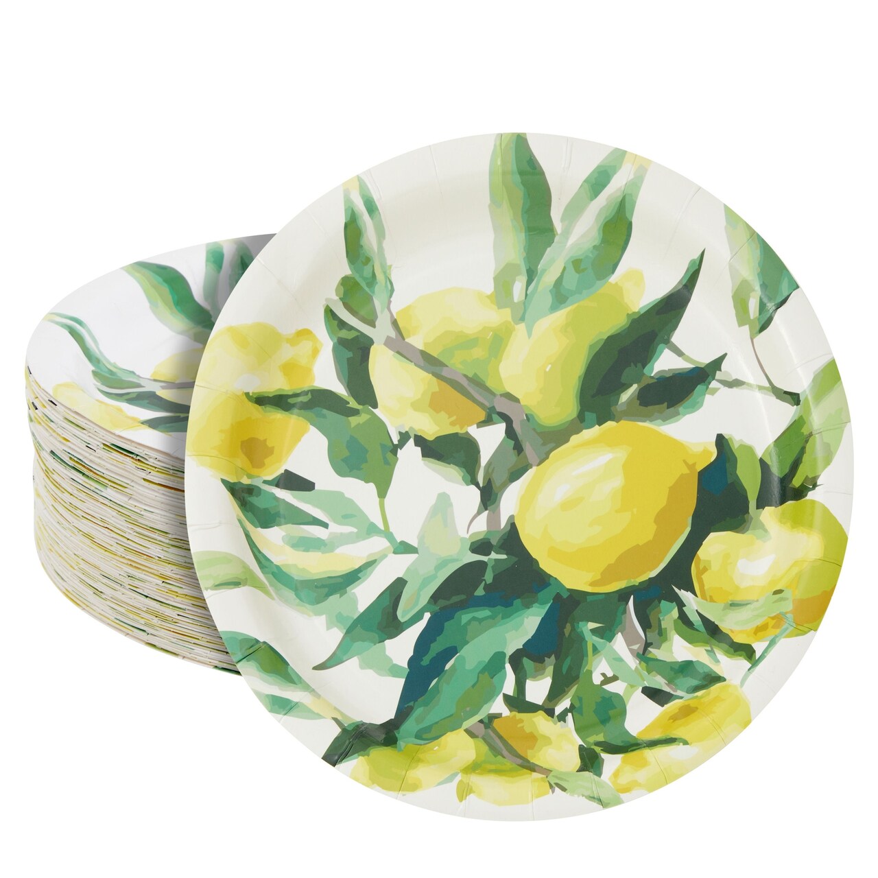 BLUE PANDA Disposable Lemon Farmhouse Paper Plates - 9-Inch, Green Matte, 80 Count, Heavyweight 350 GSM for Citrus Birthdays, Bridal Showers, Lemon Theme Cakes & Desserts